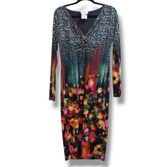 Fuzzi Dresses & Skirts - Fuzzi Midi Sheath Dress Womens Size L Long Sleeve  V Neck Lined Colorful